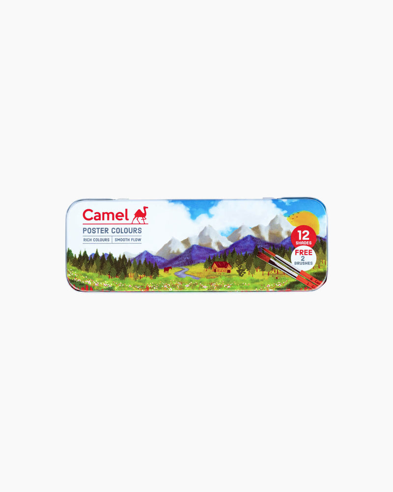 Camel Poster Colours — 12 Shades x 10 ml, Tin Pack with 2 Brushes