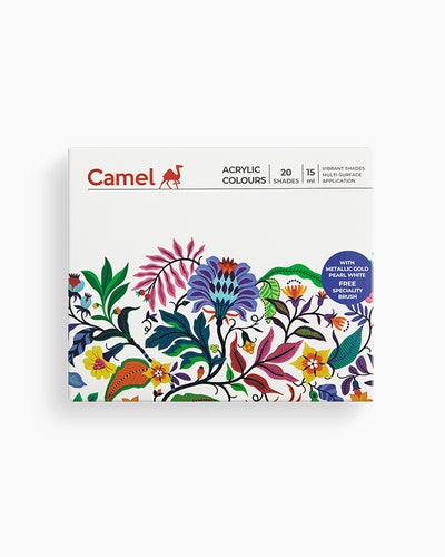 Camel Acrylic Colours — 20 Shades x 15 ml with Brush (Ultra, Pearl & Metallic)