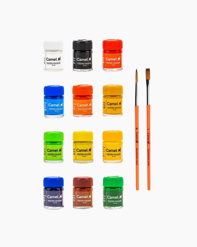 Camel Poster Colours — 12 Shades x 10 ml, Tin Pack with 2 Brushes
