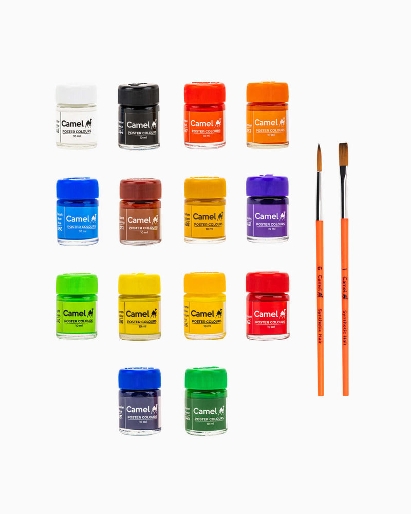 Camel Poster Colours — 14 Shades x 10 ml, Tin Pack with 2 Brushes