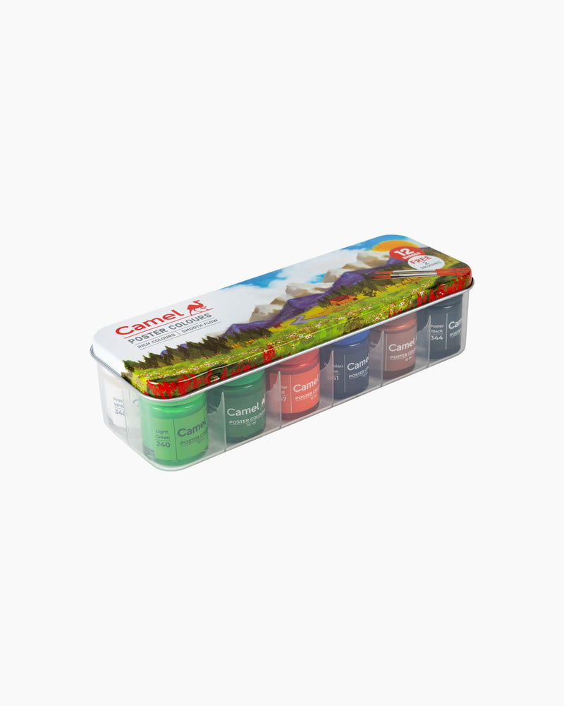 Camel Poster Colours — 12 Shades x 10 ml, Tin Pack with 2 Brushes