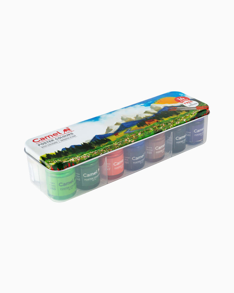 Camel Poster Colours — 14 Shades x 10 ml, Tin Pack with 2 Brushes