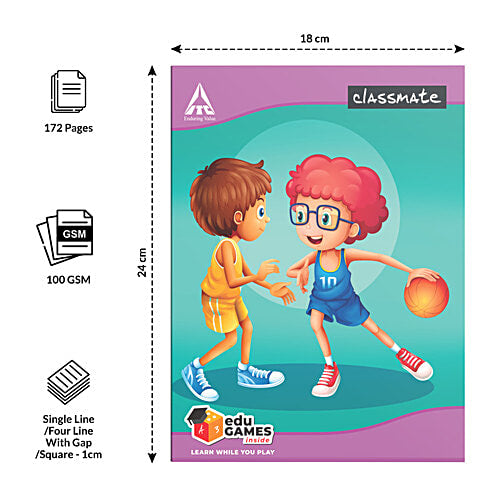 Classmate 3 in 1 Notebook (Single Line / 4 Line / Square) - 24 x 18 cm, 172 Pages